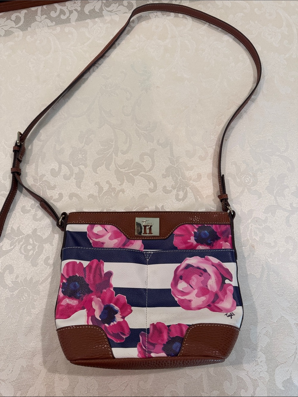 Tignanello Navy and White Stripe Crossbody with Pink Floral and Brown Trim